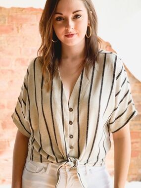 By Together Beige and Black Vertical Stripe Button-Front Top